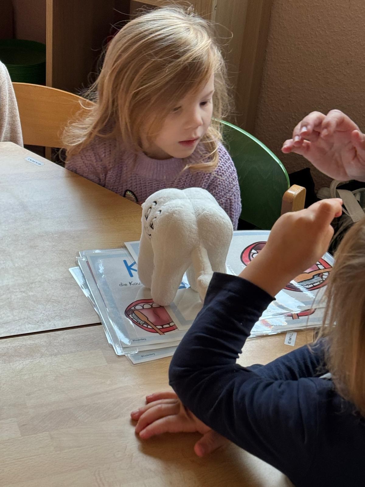 Wir lernen, wie man die Zähne putzt.