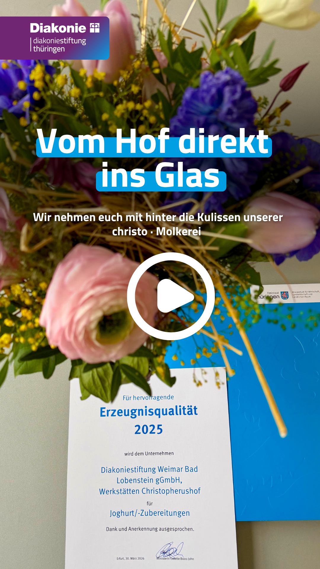 Bild mit Blume und Urkunde, zur Auszeichnung für Joghurtprodukte