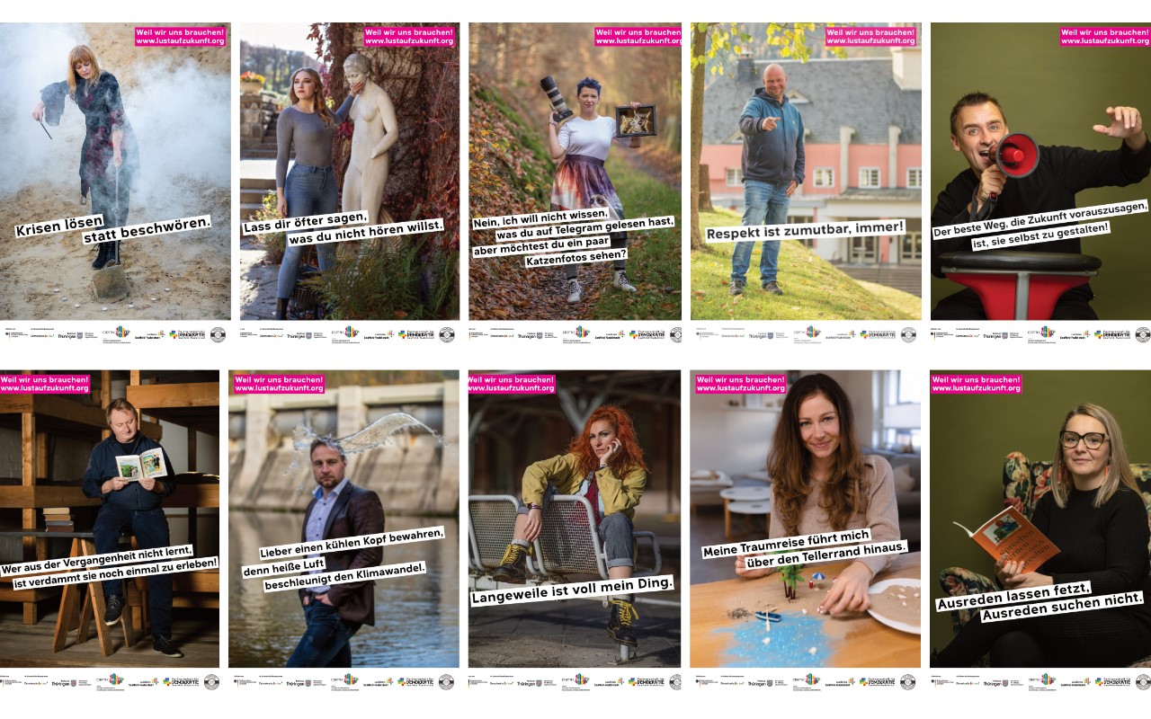 Partnerschaft für Denokratie_Zukunftsladen, Saalfeld, Bildercollage verschiedener Plakate