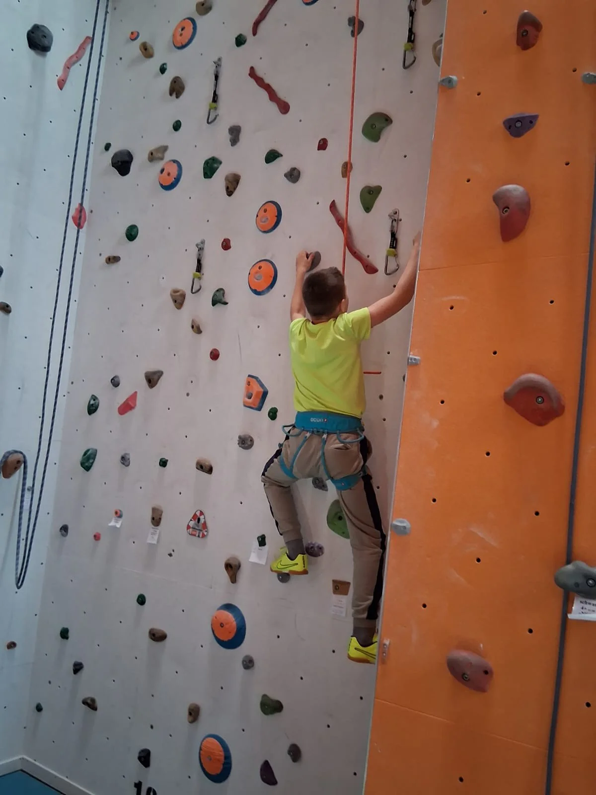 ein Mädchen beim Klettern in einer Bolderhalle
